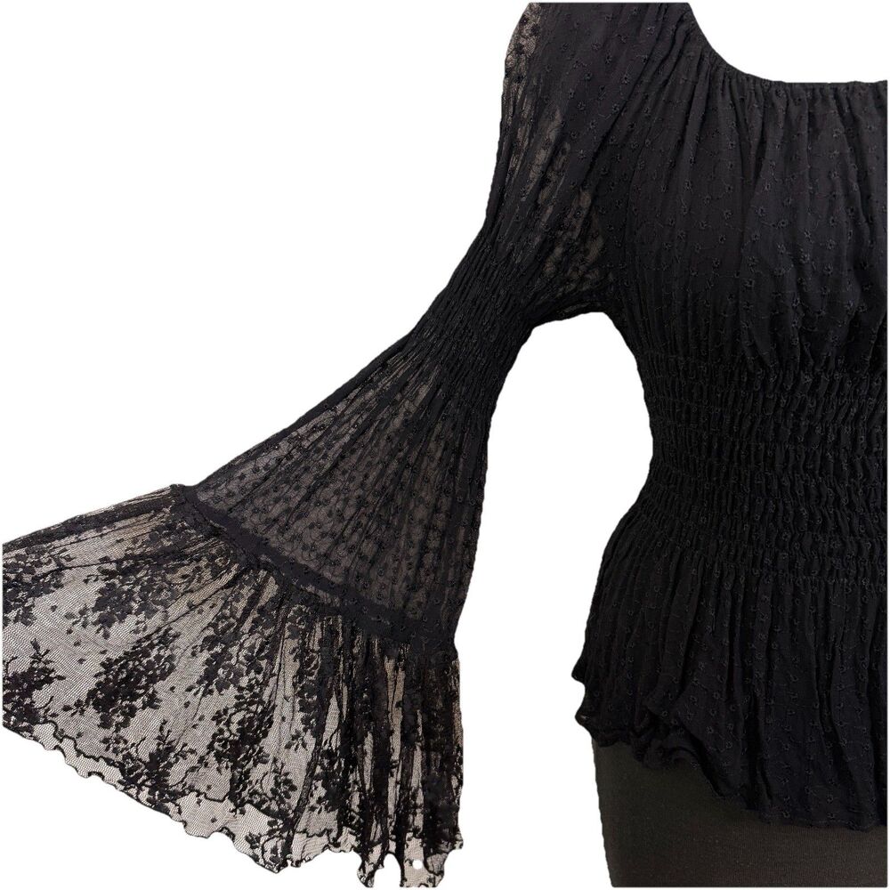 Marrika Nakk Black Peasant Blouse Smocked Sheer Lace Bell Sleeve OS Whimsigoth